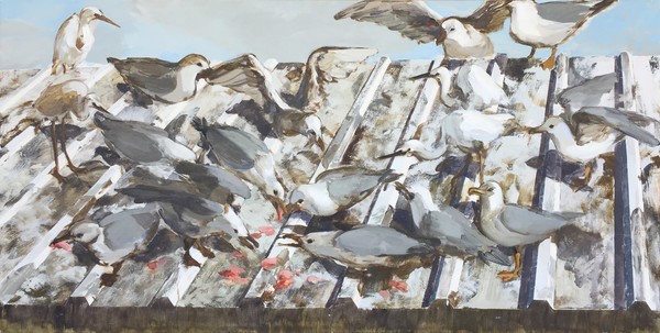 1415_Alma Itzhaky, Seagulls and Herons II, 2017, Oil on canvas, 100x200 cm-600x303