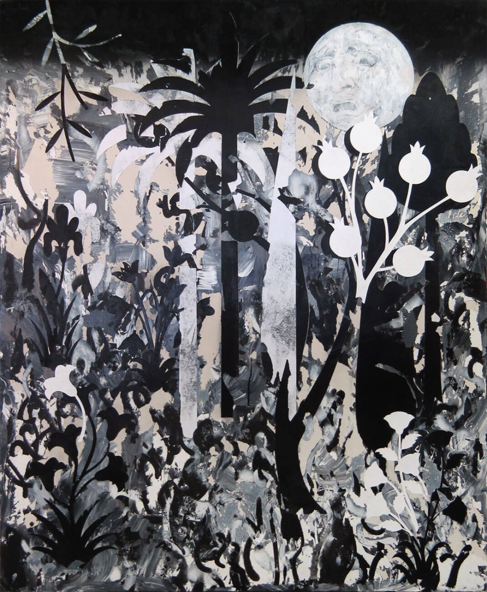 Guy Avital,Garden moon, 2021,Acrylic Collage and Oil on Canvas 170 x 140 cm