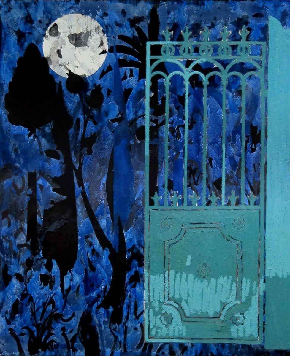 Guy Avital,Garden Gate,2021, Acrylic Collage and Oil on Canvas 170 x 140 cm