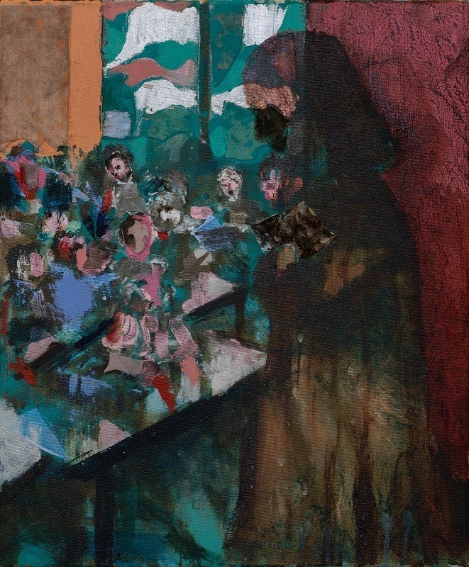 Ran Tenenbaum,Classroom, 2021-22, Acrylic and collage on canvas, 60x50 cm