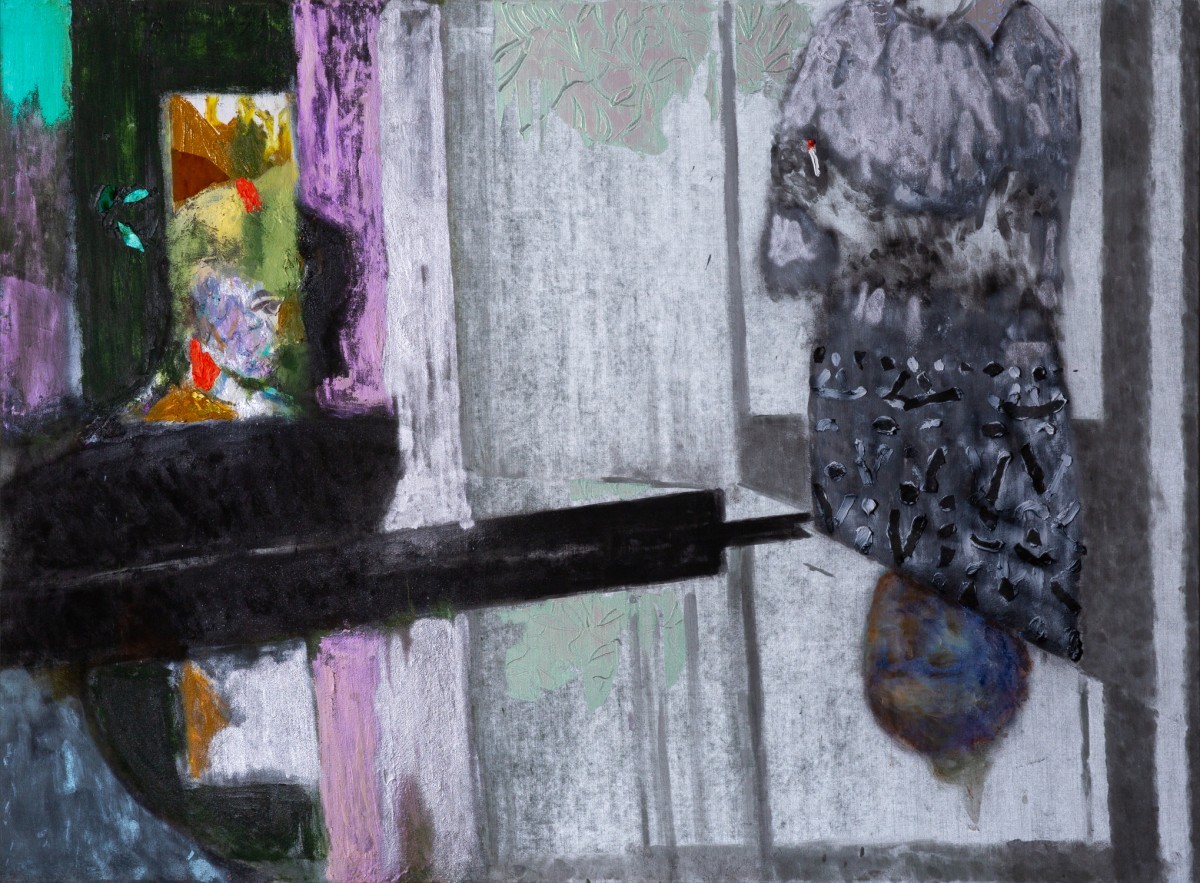 Ran Tenenbaum, Piano Lesson, 2020, Interference acrylic &amp; oil on velvet, 120x160 cm
