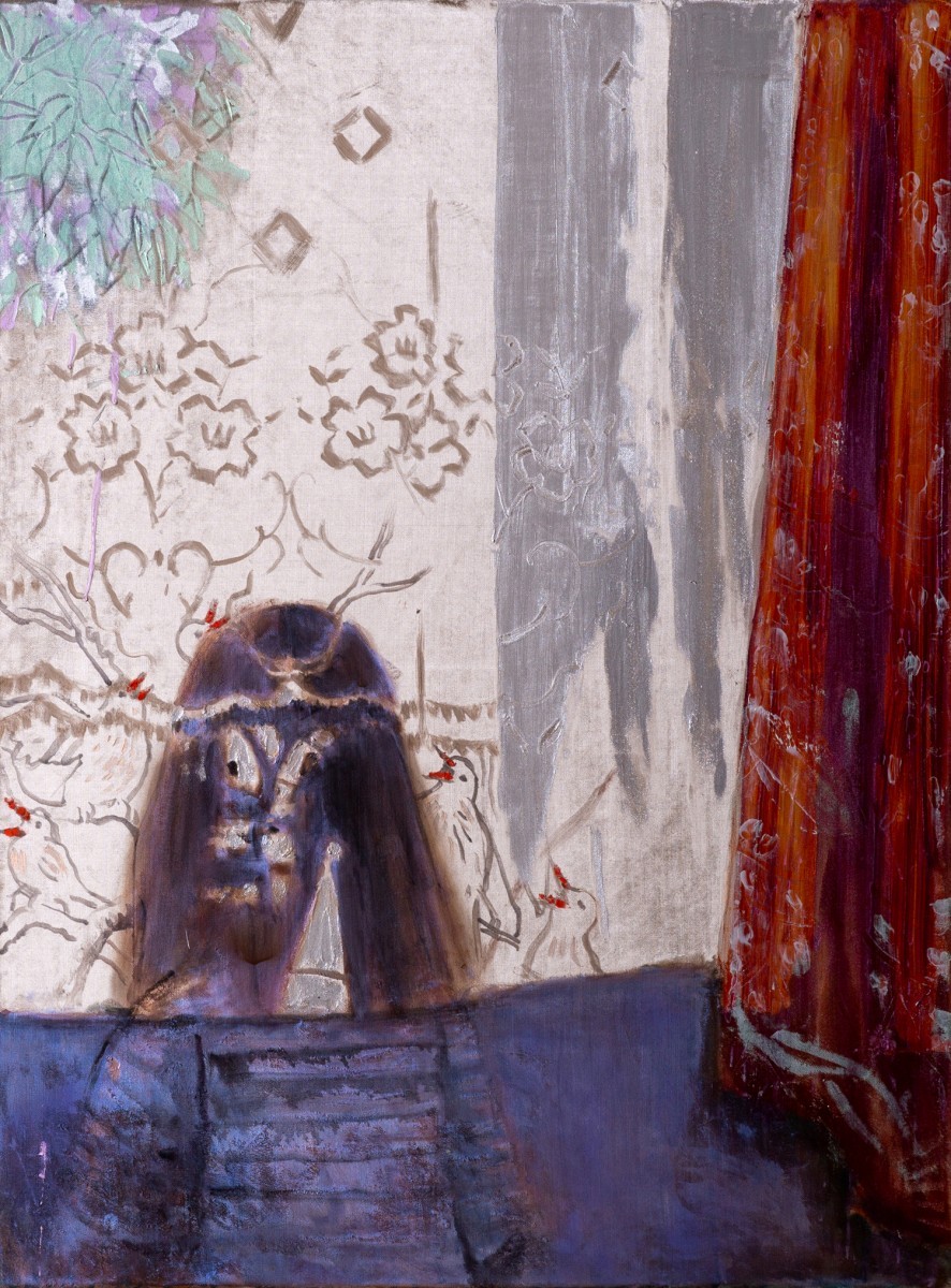 Ran Tenenbaum,Singing with Birds, 2020, Interference acrylic &amp; oil on velvet, 120x90-side