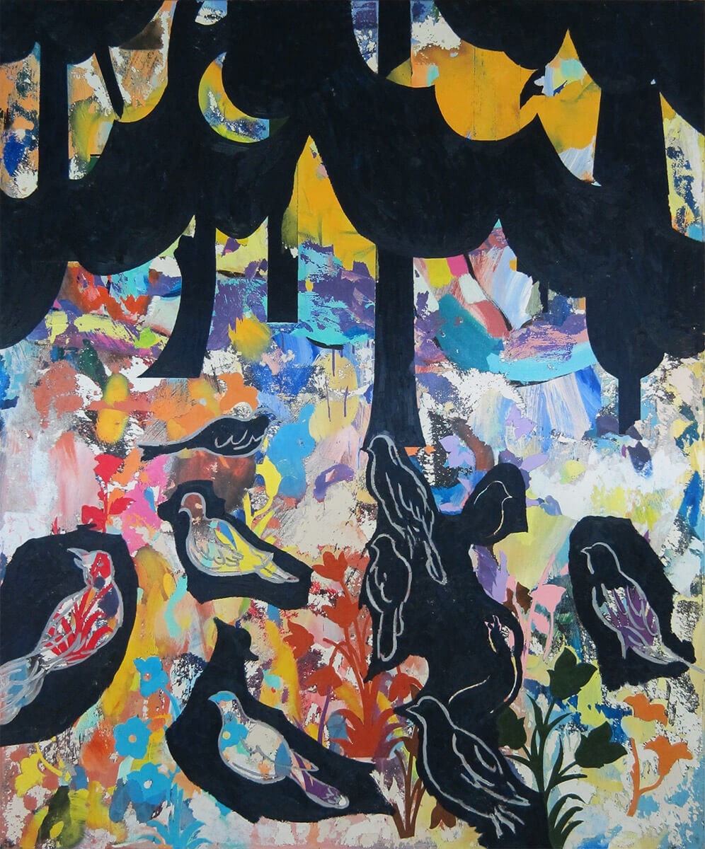 Guy Avital, Garden Birds, 2021,Acrylic Collage and Oil on Canvas 170 x 140 cm