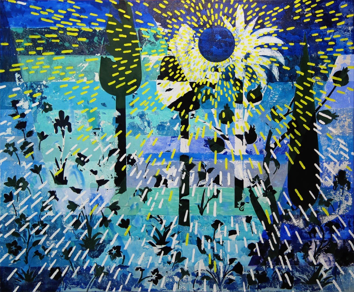 Guy Avital, Garden SunLight, 2022, Acrylic Collage and Oil on Canvas 14 x 170 cm