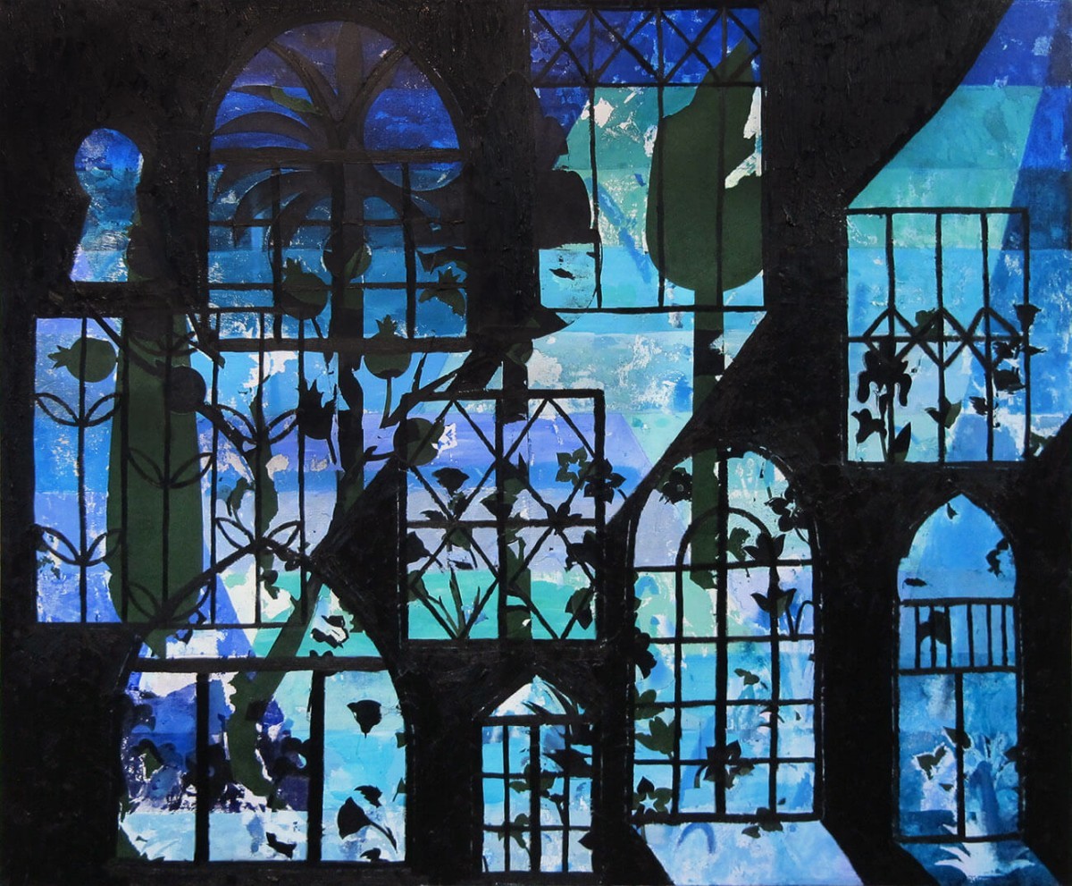 Guy Avital, Garden Windows, 2022,Acrylic Collage and Oil on Canvas 140 x 170 cm