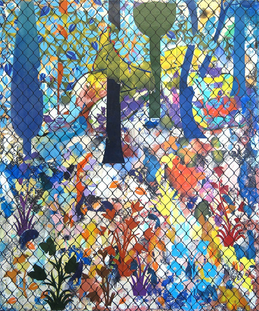 Guy Avital, Garden fence, 2021,Acrylic Collage and Oil on Canvas 170 x 140 cm
