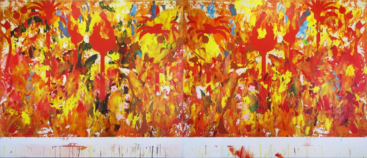 Guy vital,Garden Fire, 2021-22 Acrylic and Collage on Canvas 190 x 442 cm