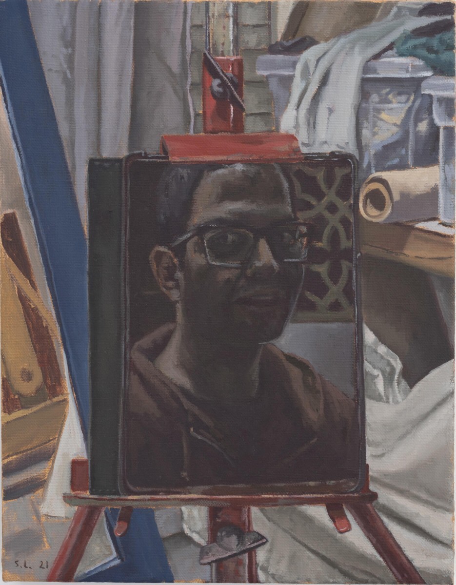 Shlomi Lellouche, Self portrait from a tablet, 2021, Oil on canvas, 45 x 35 cm 6,800 ILS,
