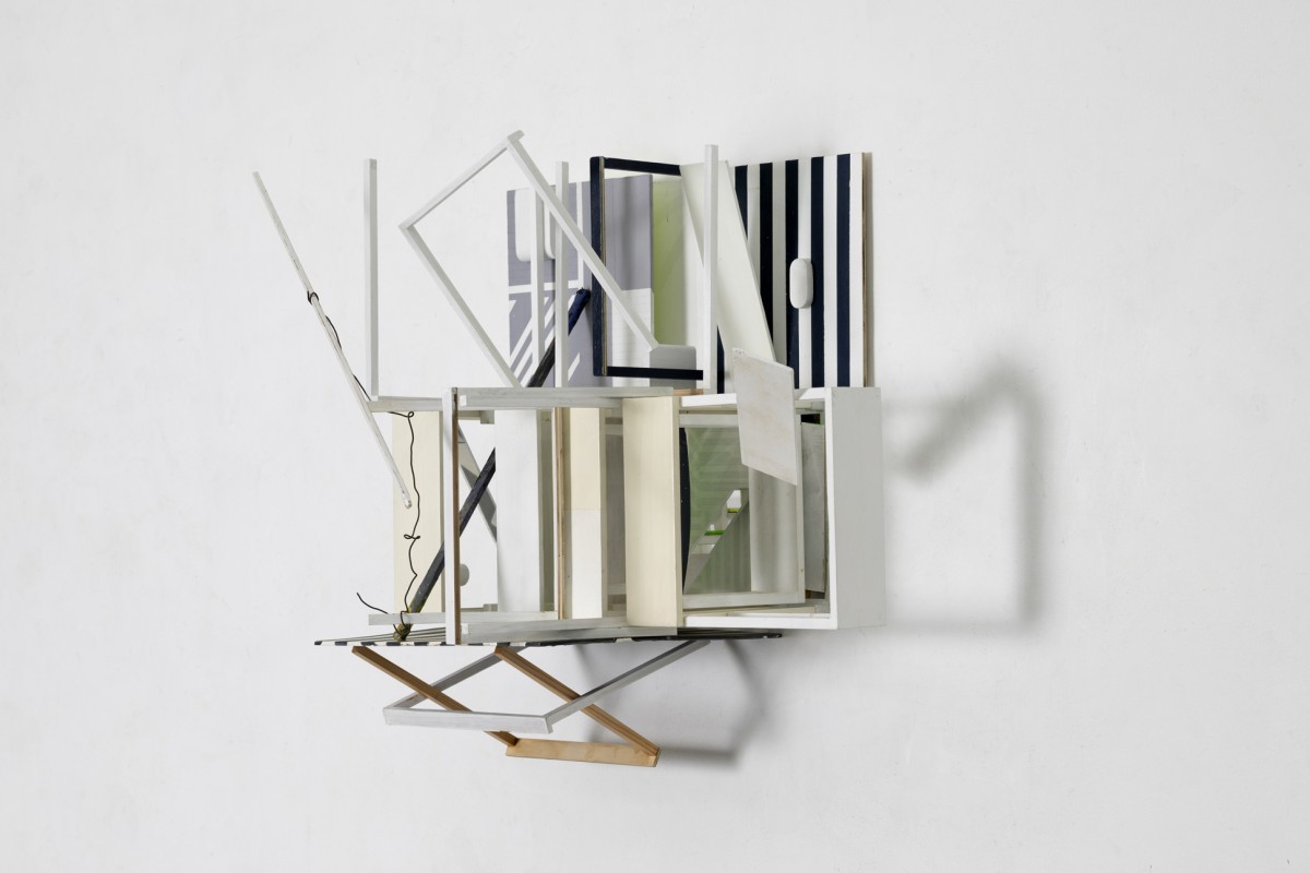 Nahum Tevet, Time After Time #29, (With white and wire) 2021, Acrylic and industrial paint on wood, mirrors and found printed images, wire, 47x48x34 cm,
